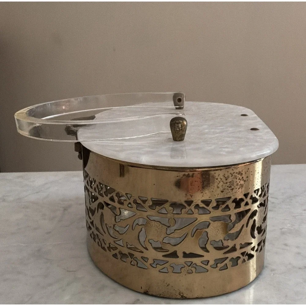 1950's Vntge Pearlescent Lucite/ Gold Tone Metal Filigree Box Top Handle Purse